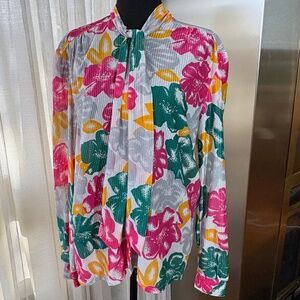Vintage 80s blouse, pink, green, yellow grey hibiscus, attached necktie, 10/12